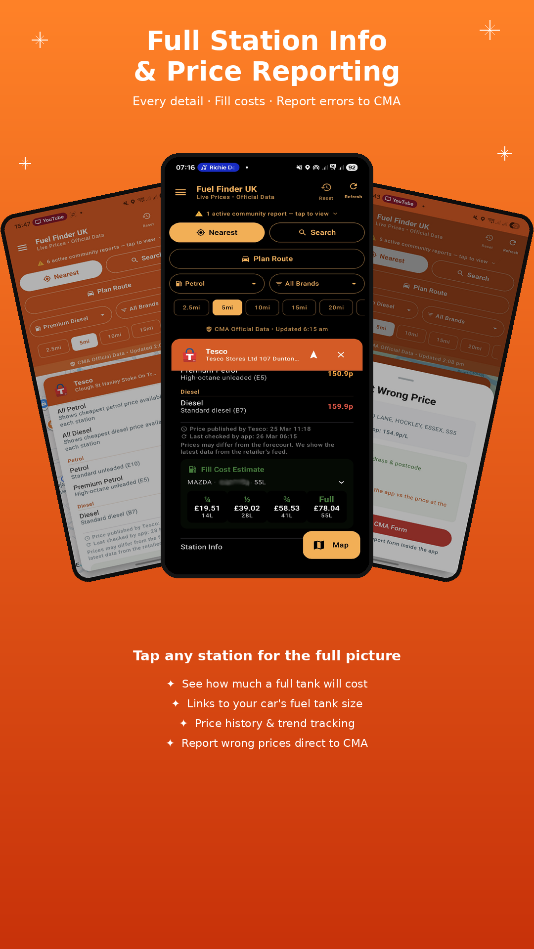 Full station details and price reporting